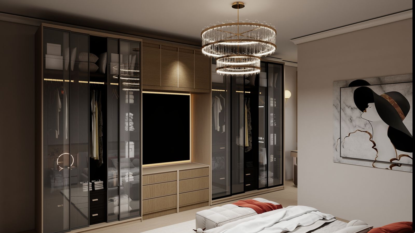 Luxurious modern bedroom featuring a crystal chandelier, glass wardrobes, and minimalist decor.