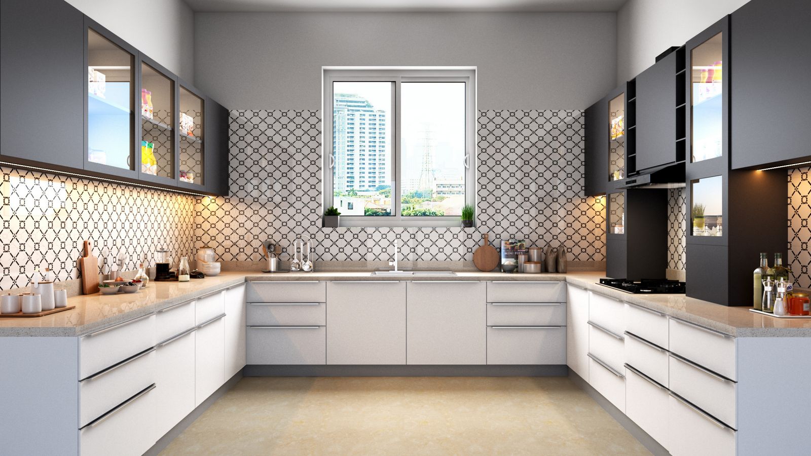 Sleek modular kitchen with contemporary cabinets and tile backsplash, showcasing urban style.